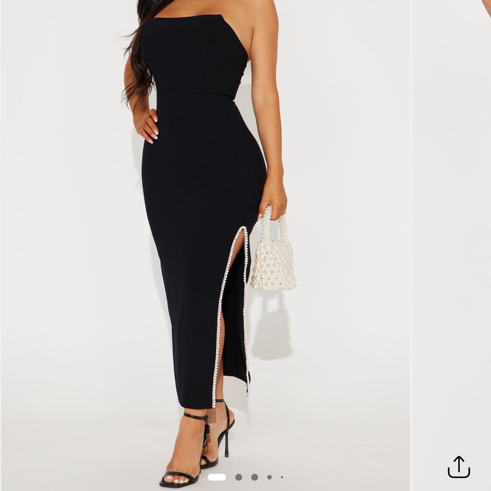 Fashion Nova Black Strapless Midi Dress with Slit